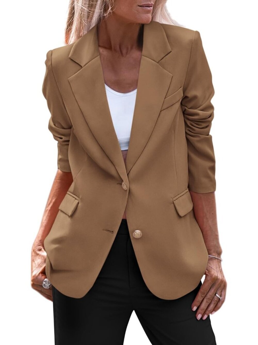 Women's Khaki Fall Business Casual Blazers Long Sleeve Notch Lapel Trendy Work
